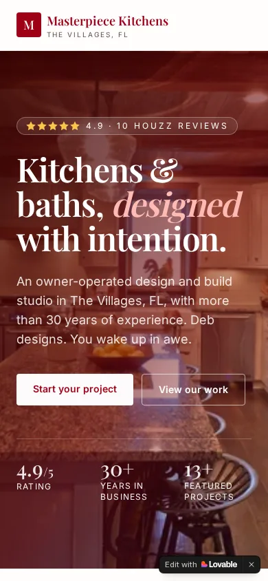 Masterpiece Kitchens website on a phone